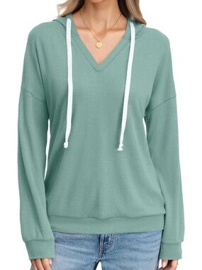 EASYGALA Mint Green V Neck Hoodie Long Sleeve Top XL